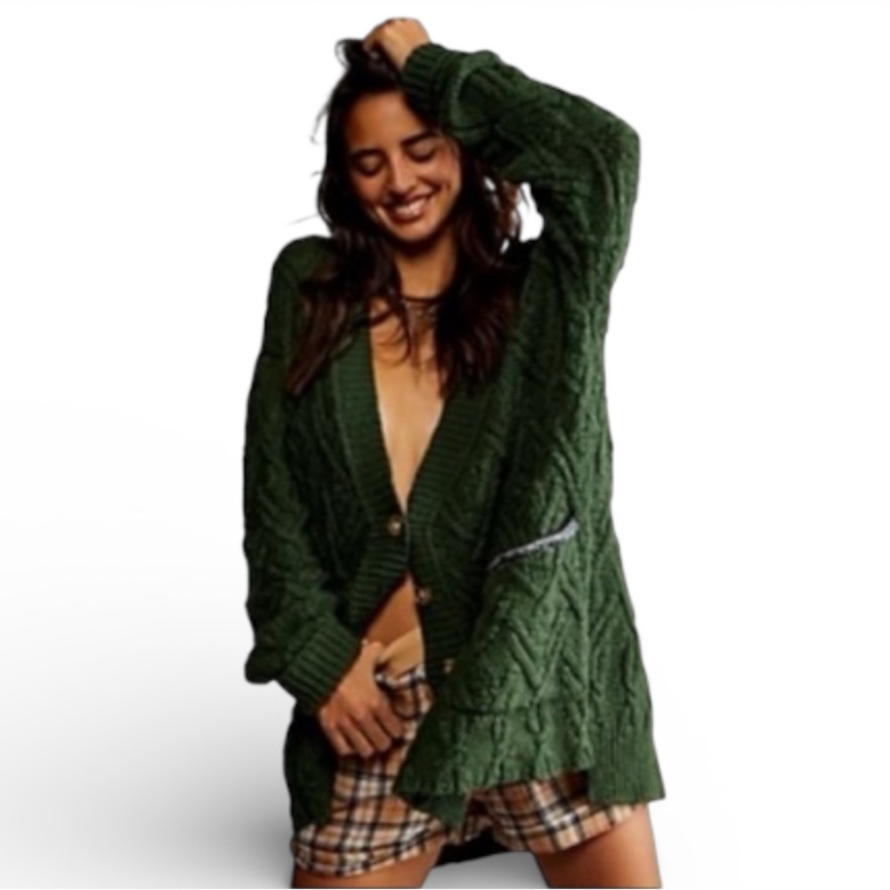 Free People Green Cable Knit Cardigan Women's Sweater Sz XS